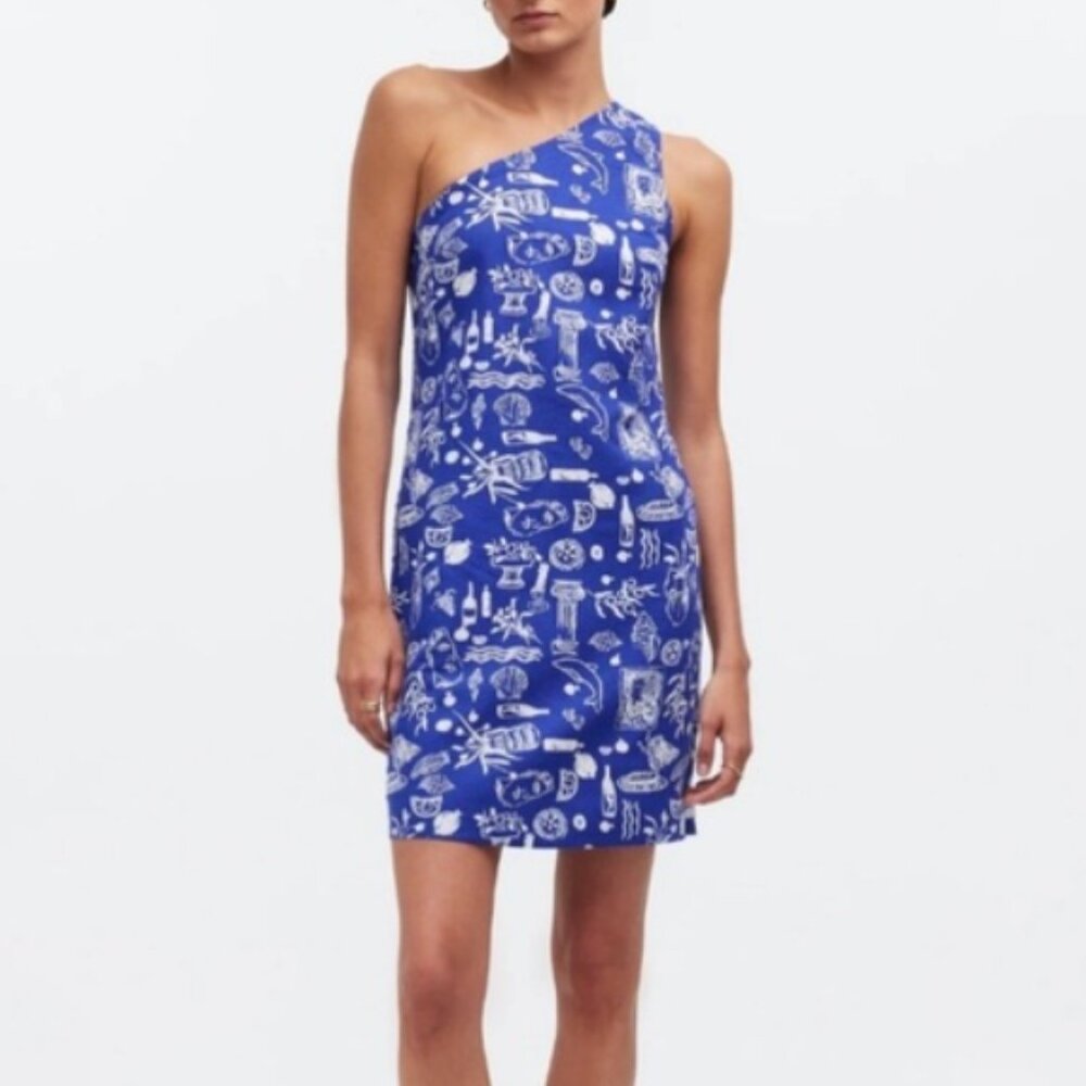 NWT Madewell x Lisa Says Gah Blue and White Linen One Shoulder Dress